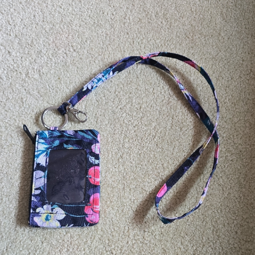 Vera Bradley Black Floral Lanyard ID Holder with Pink & Blue Accents